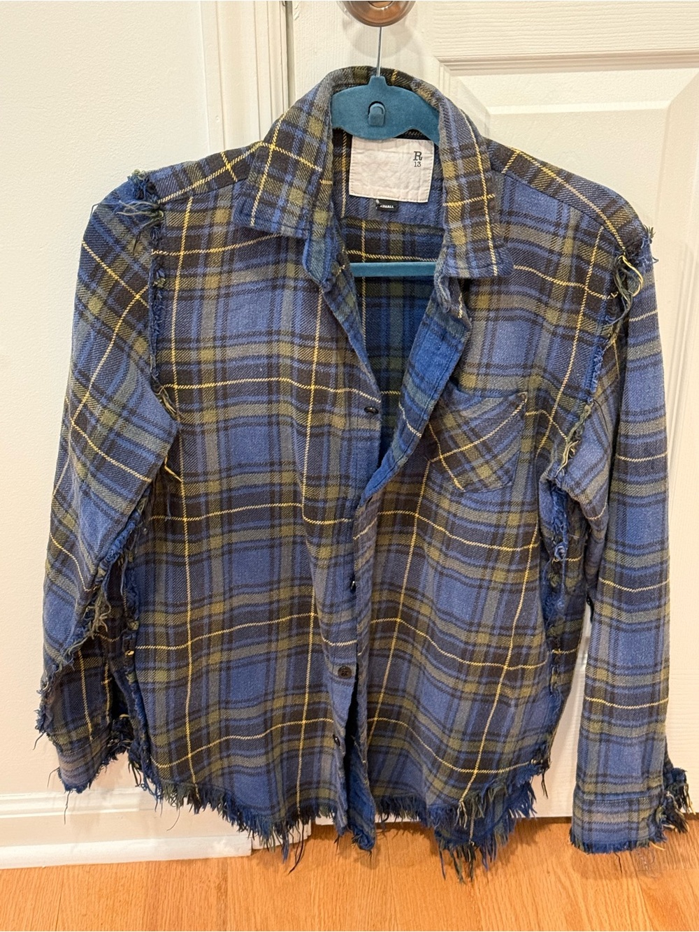 R13 Distressed Blue Plaid Flannel Shirt Jacket – Size XS – Grunge Luxury